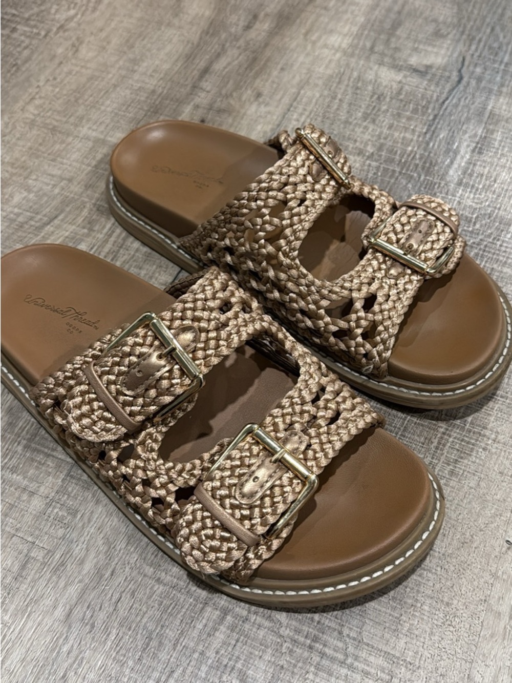 Universal Thread Braided Double Buckle Slide Sandals in Metallic Taupe